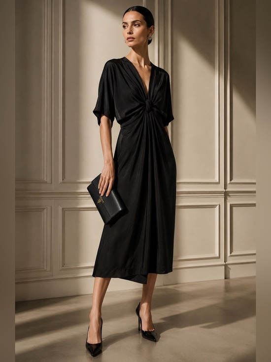 Prada Dresses & Skirts - Prada Deep V Dolman Sleeved Black Midi Dress Size 40